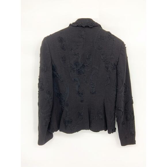 Womens Insight Black Ruffled Cotton Blazer Floral Embroidered 2 Buttons Size 6 - Picture 4 of 7
